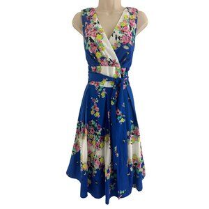 Blue Bird Floral Print Fit & Flare Dress w/Tie Size 12 Summer Fall Wedding Party